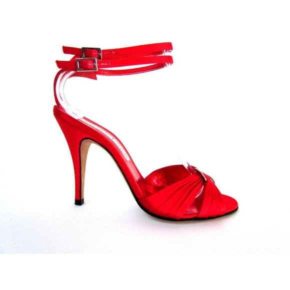 CHRISTIAN LACROIX RED SATIN OPEN TOE ANKLE STRAP DESIGNER SANDALS 8.5.MED - Picture 1 of 8